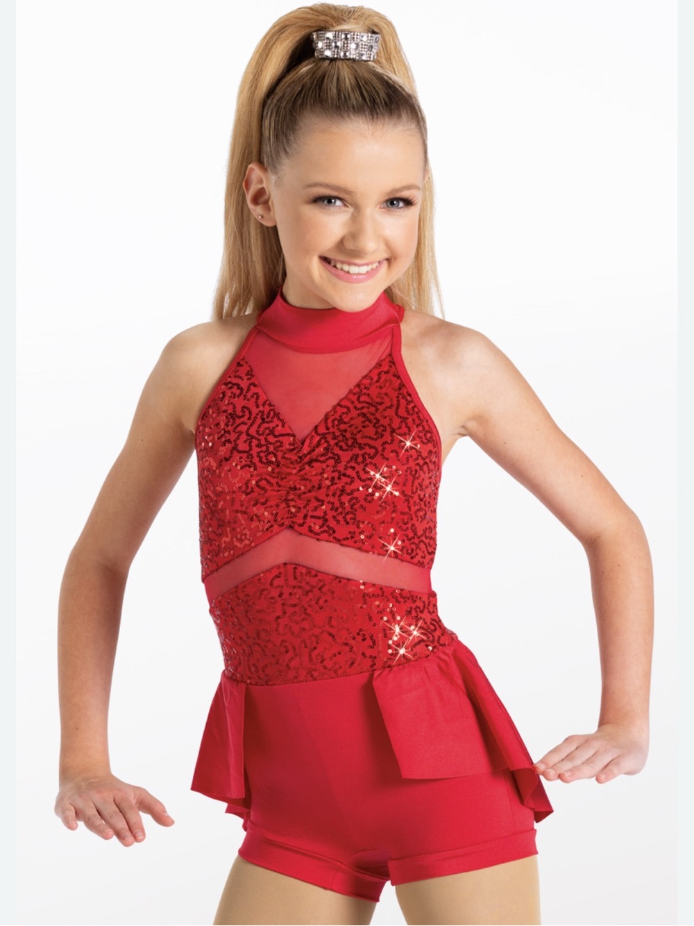 Weissman Red Sequin Girls' Dance Costume with Peplum Shorts